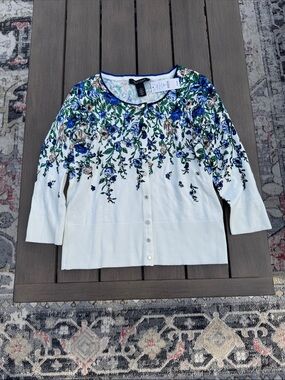 White House Black Market Button up Blue Floral Sweater
